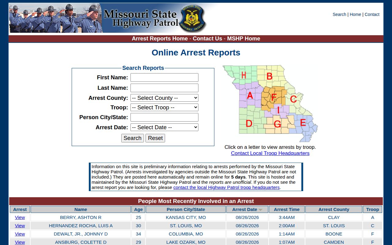 Gasconade County Missouri State Highway Patrol preliminary arrest search